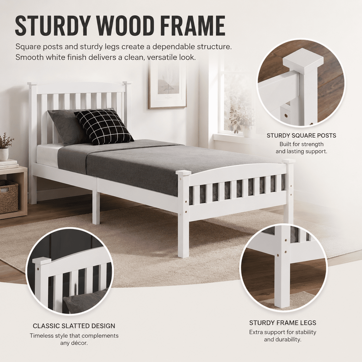 Ktaxon Twin Bed Frame,Solid Pine Wood Twin Platform Bed Frame, Bedroom Twin Bed with Headboard for Adults, White, 78.94"L*42.44"W*39.17"H