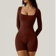 thumbnail image 5 of Knosfe New Solid Color High Waist Tight Sports Yoga Long Sleeve Jumpsuit Shorts Spant Slim Bodysuit For Women Brown S, 5 of 6