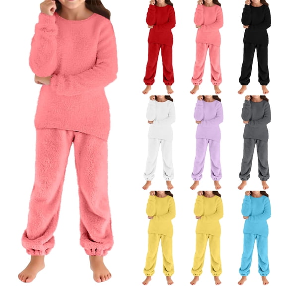 Dakiuu Girls Boys Fleece Pajamas Set Soft Cozy Fuzzy Plush Pullover Sweatshirt Pants Outfit for Kids Long Sleeve Top Pant Sleepwear Loungewear Black 5-6 Years (120)