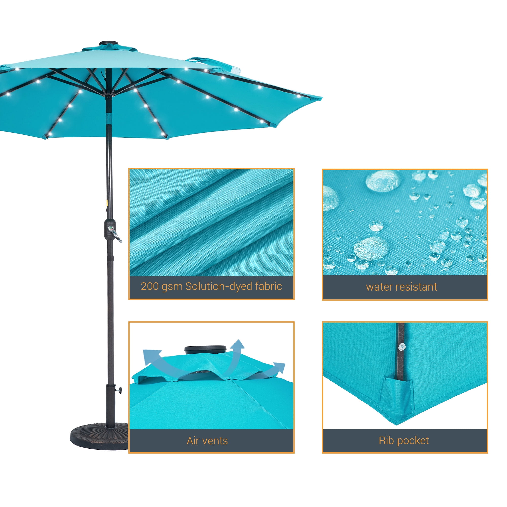 CHYVARY Outdoor LED 9Ft Patio Table Umbrellas with Solar Lights and Tile Button for Garden, Deck and Poolside,Lake Blue