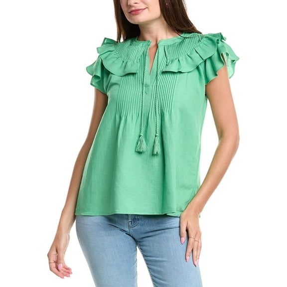 T Tahari womens  Linen-Blend Blouse, l, Green
