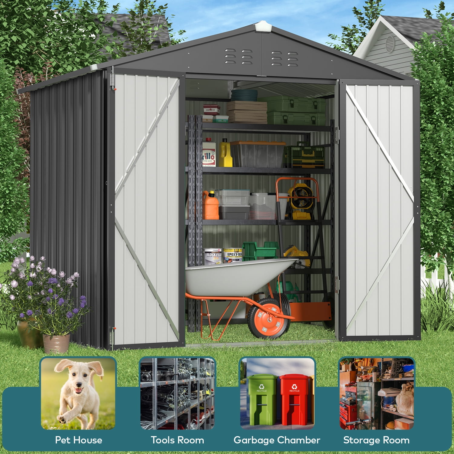 Lofka Outdoor Storage Shed 8 x 6 FT, Galvanized Metal Garden Shed with Double Lockable Doors, Outdoor Storage Clearance for Backyard Patio Lawn- Black