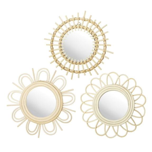 GnFlus 3 pcs Wall Mirrors Decor 10" Wooden Round Wall Mirrors Wall-Mounted Sunburst Mirrors Hanging Wall Art Beige Home Decorations Accents