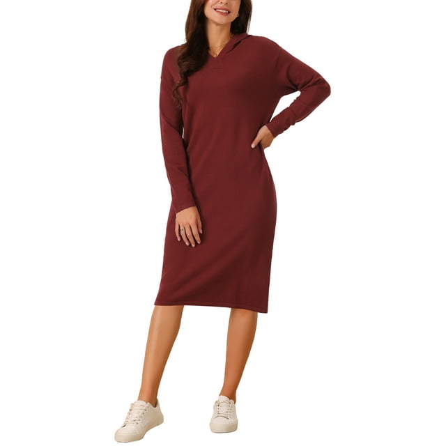 Vestido de sudadera casual con capucha para mujer INSPIRE CHIC, suéter de manga larga, vestido midi con bolsillo, color rojo vino S