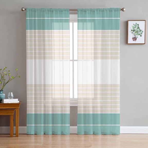 ERUNPONLY Turquoise Beige Stripe Sheer Curtains 72 Inch Length 2 Panels Set, Modern Art Horizontal Striped Voile Window Treatment Curtains Sheers Drapes for Bedroom/Living Room/Kitchen 52"x72"x2