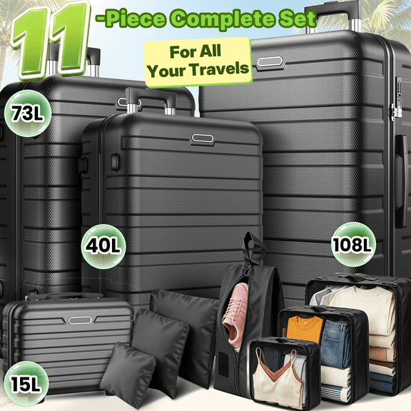 11-Piece Hardshell Luggage Set, 28/24/20 Spinner Suitcase, Carry-on, Toiletry Bag & Packing Cubes, Durable Travel Set with 360° Wheels & Lock