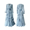 thumbnail image 2 of Women'S V Neck Floral Printed Pleated Dress Long Sleeve Flowy A Line Party Maxi Cocktail Dresses Light Blue XXL, 2 of 7