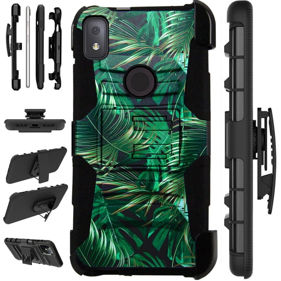 Compatible with T-Mobile REVVL 4 Hybrid LuxGuard Holster Phone Case Cover (Black Tropical Leaf)