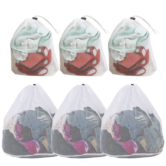 6 Pack Drawstring Mesh Laundry Bags, 3 Small 3 Medium Heavy Duty Polyester Delicate Wash Bags with Lockable Drawstring Closure