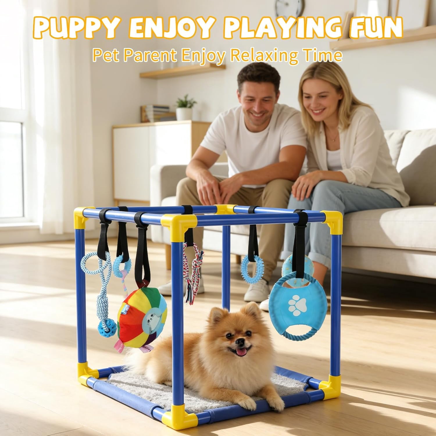 Puppy Play Gym with Hanging Toys, PVC Frame Activity Center for Small Dogs, Kittens and Pets with 8 Enrichment Toys