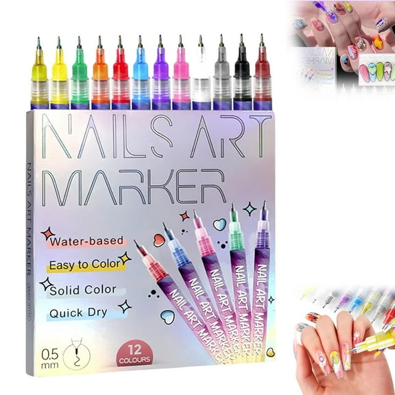12 Colors Nail Art Pens Set, 2025 New Nail Art Markers for Gel Nails, 3D Polish DIY Nail Art Marker, Quick Dry Graffiti Dotting Point Liner Pens for DIY Nail Art Painting Tools,1 set