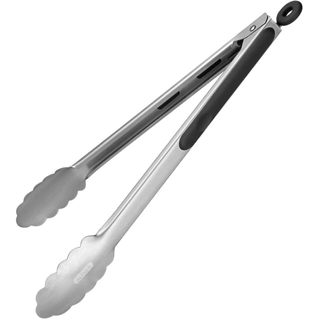 Pince de Cuisine en Acier Inoxydable 18/8: U-Taste Pince de Cuisson de 12 Pouces Résistante à la Chaleur avec Embouts Métalliques Robustes et Poignée en Silicone Antidérapante et Verrouillage Fluide pour Servir des Aliments Salade Gril BBQ (Noir)