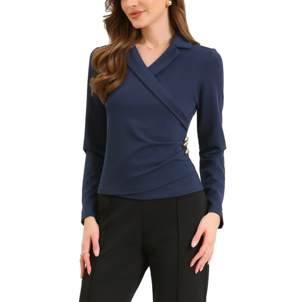 Blusas de manga larga con cuello notch asimétricas para mujeres XL azul oscuro