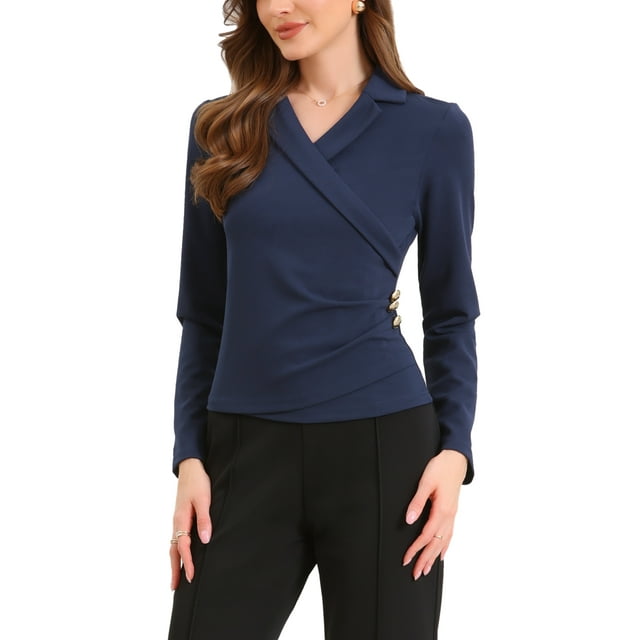 Blusas de manga larga con cuello notch asimétricas para mujeres XL azul oscuro
