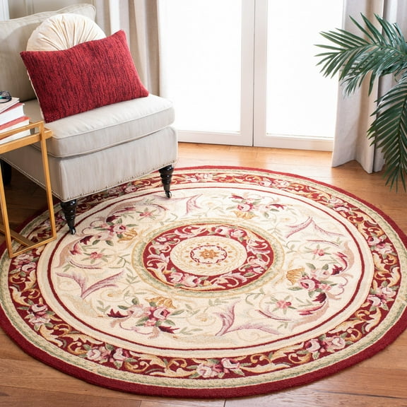 SAFAVIEH Chelsea Patton Floral Wool Area Rug, Ivory/Burgundy, 3' x 3' Round
