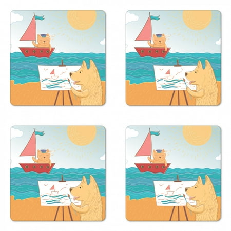 

Nursery Coaster Set of 4 Summer Vacation Cartoon with Captain Cat and Painter Dog in Hawaii Funny Animals Square Hardboard Gloss Coasters Standard Size Multicolor by Ambesonne