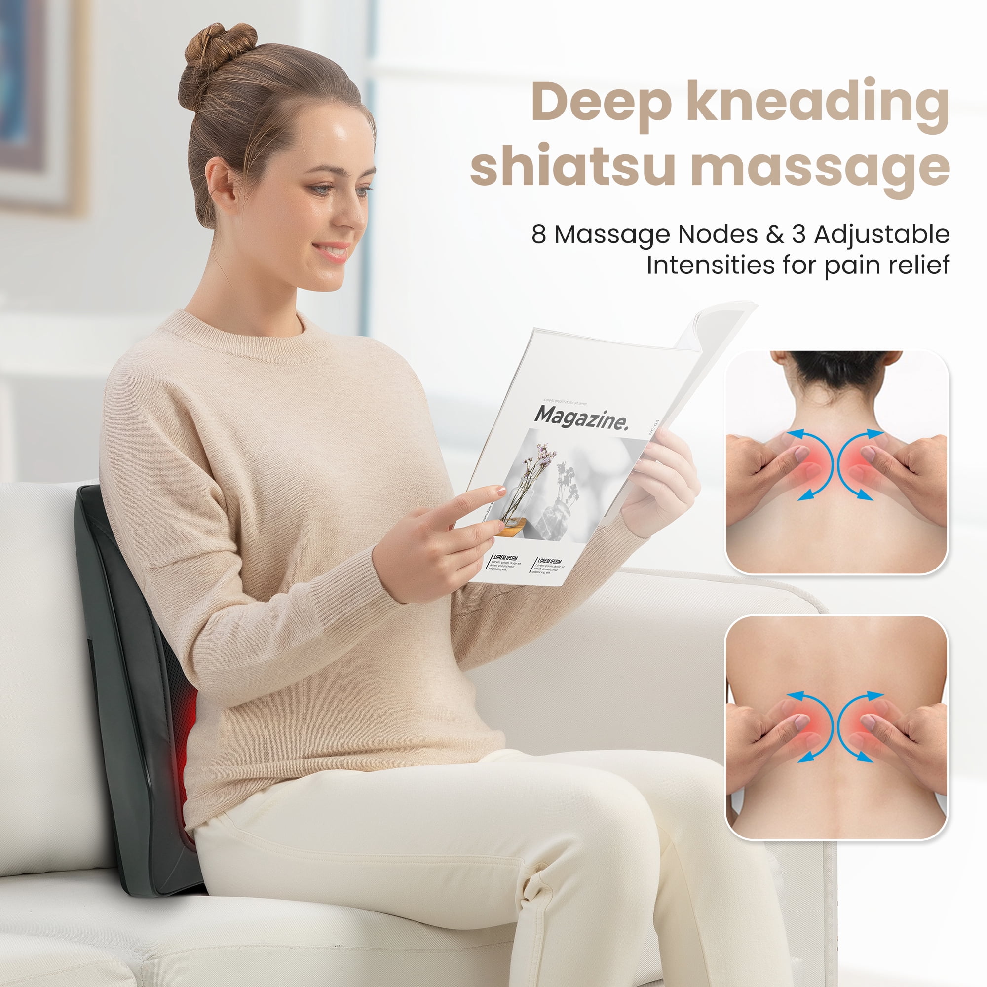 Comfier Shiatsu Neck Shoulder & Back Massager with Heat, 8 Kneading Nodes, Portable Massage Pillow