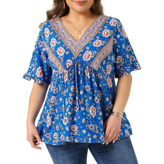 DARING DIVA Women's Plus Floral Print V Neck Boho Casual Loose Blouse 1X Blue