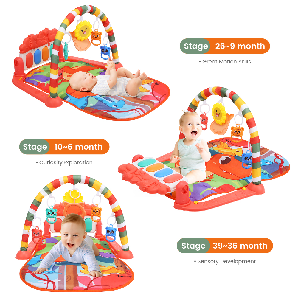 JoyStone Baby Gym Play Mat for Babies Tummy Time Mat, Play Music and Lights Piano Playmat Activity Gym for Baby Boy Girl, Infant Toddler Activity Center Toys, Baby Floor Newborn Play Mat, Red - image 4 of 8
