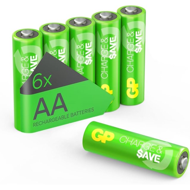 GP Pilas Recargables AA Batteries, Paquete de 6 Pilas – Alta Capacidad, Larga Duración, Alto Rendimiento – Baterías Recargables AA Ideales para Juguetes, Controladores, Mandos, Adornos de Navidad
