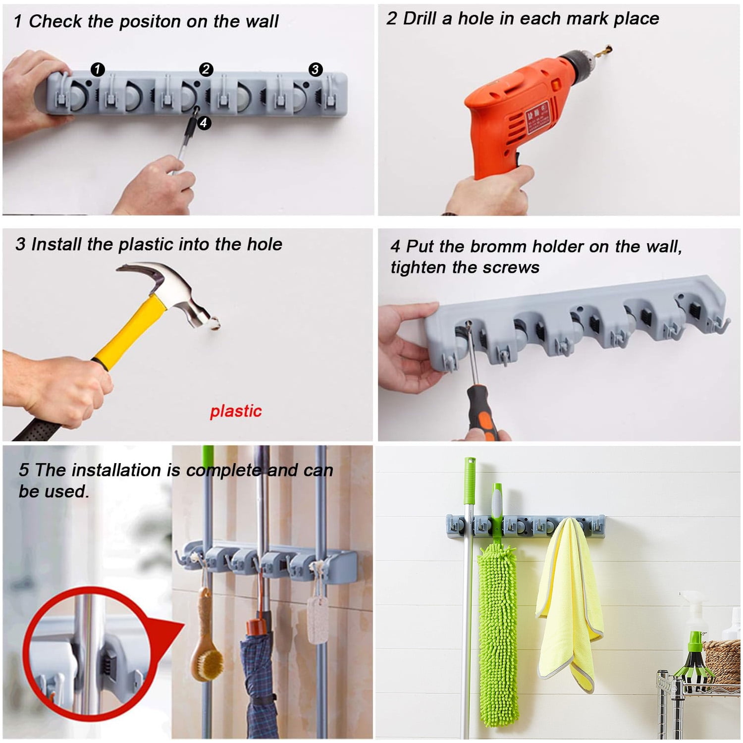 Sentryse Broom Holder Mop Hanger, Mop Holder Hanger 5 Position Home Kitchen Storage Broom Organizer Wall Mounted