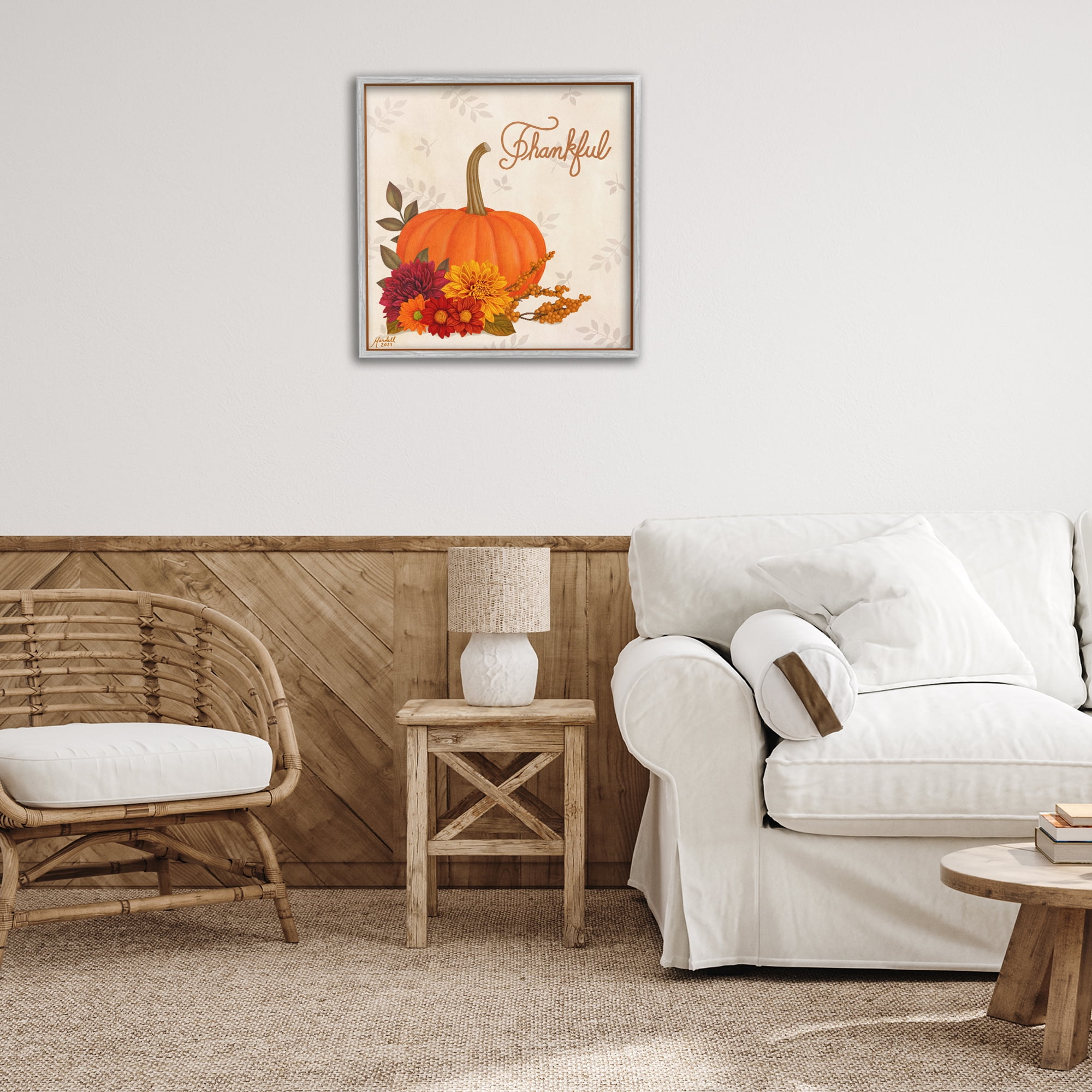 Stupell Industries Thankful Pumpkin & Florals Holiday Painting Gray Framed Art Prints Wall Art, 24 x 24