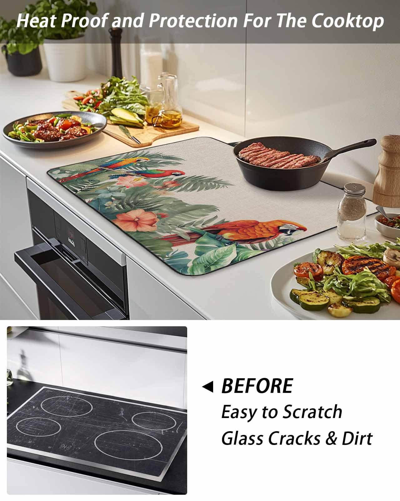Stove Top Covers for Electric Stove, Summer Botanical Glass Stovetop Cover Protector, Tropical Plants Birds Farmhouse Induction Cooktop Protector Oven Mat for Kitchen Countertop 24"x21"