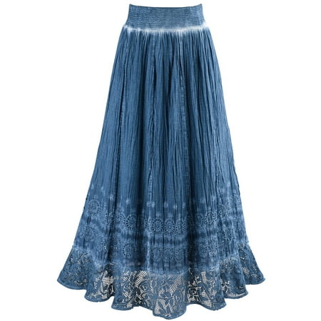 Elastic Waist Knit Skirt - Women's Peasant Skirt - Indigo Blue Pigment Washed Crochet Hem Elastic Waist