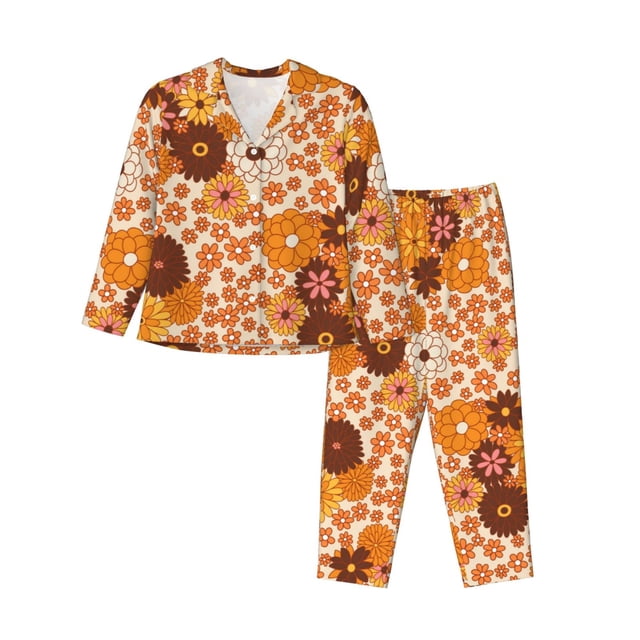 Fotbe Hippie Ditsy Floral Conjunto de Pijama de Manga Larga para Mujer con Estampado, Ropa de Dormir de 2 Piezas, Conjunto de Casa Suave y Cómodo con Bolsillos-XX-Large