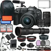 Canon EOS R8 Mirrorless Camera w/RF 24-50mm f/4.5-6.3 IS STM Lens   EF 75-300mm f/4-5.6 III Lens   420-800mm f/8.3 HD Lens   2X 64GB Memory   Case   Microphone   LED Video Light   More (35pc Bundle)