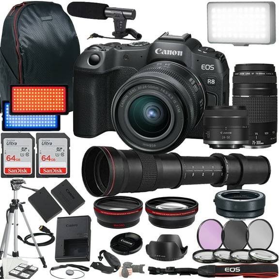 Canon EOS R8 Mirrorless Camera w/RF 24-50mm f/4.5-6.3 IS STM Lens   EF 75-300mm f/4-5.6 III Lens   420-800mm f/8.3 HD Lens   2X 64GB Memory   Case   Microphone   LED Video Light   More (35pc Bundle)