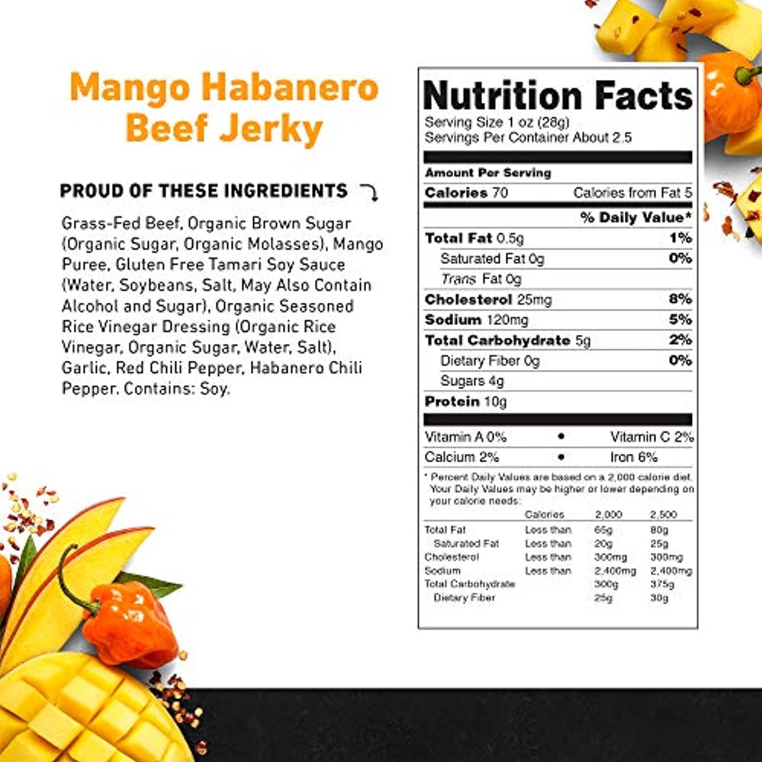 Mango Habanero Beef Jerky by Country Archer, 100% Grass-Fed, Gluten Free, 2.5 Ounce (4 Pack)