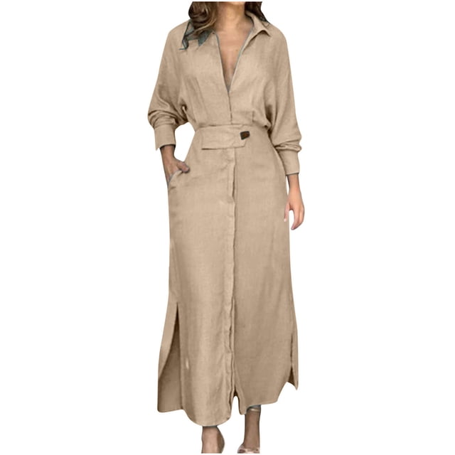 CEHVOM Robe Taille Haute à Manches Longues en Coton et Lin pour Femmes, Col Rabattu, Ample, en Solde