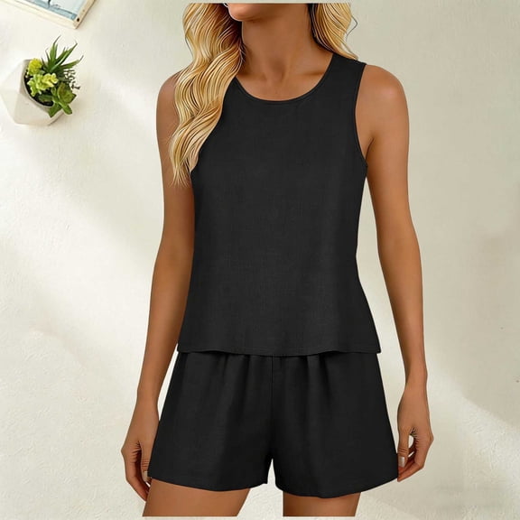 Women's Linen Blend Sleeveless Shorts Set with Pockets for Summer Casual Wear