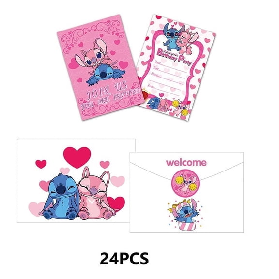 24PCS Birthday Party Invitation Cards with Cartoon Theme, Including 24 Stickers and 24 Envelopes，Cartoon Style Party Decor Supplies.