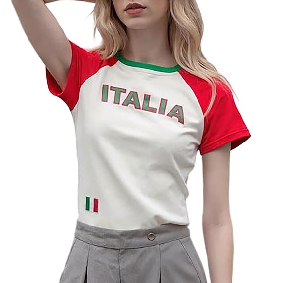 Bibifish Womens Tshirts Italia Letter Print Slim Fit Y2K Soft Stretchy Short Sleeve Tees Summer Daily Party Streetwear Trendy Outfits
