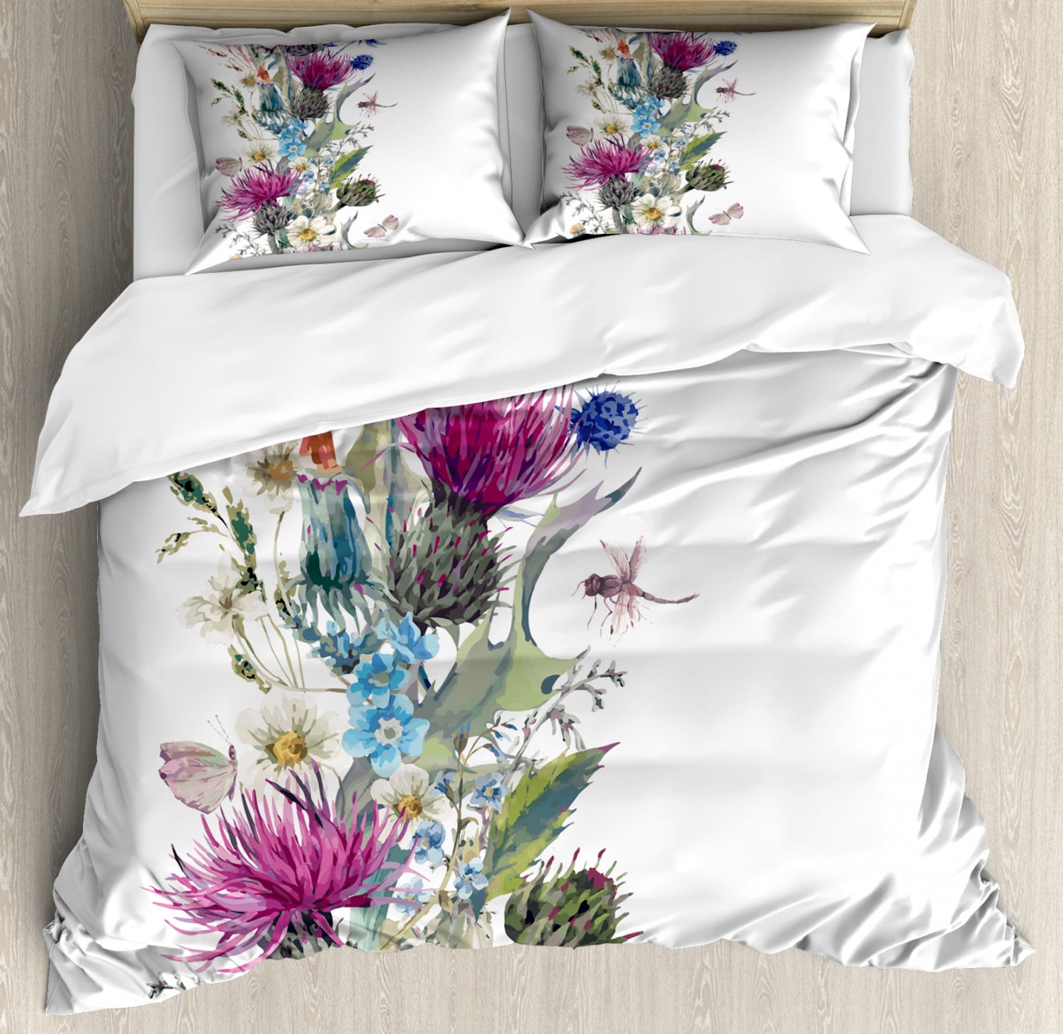Thistle Queen Size Duvet Cover Set, Vintage Vertical Herbal Border with