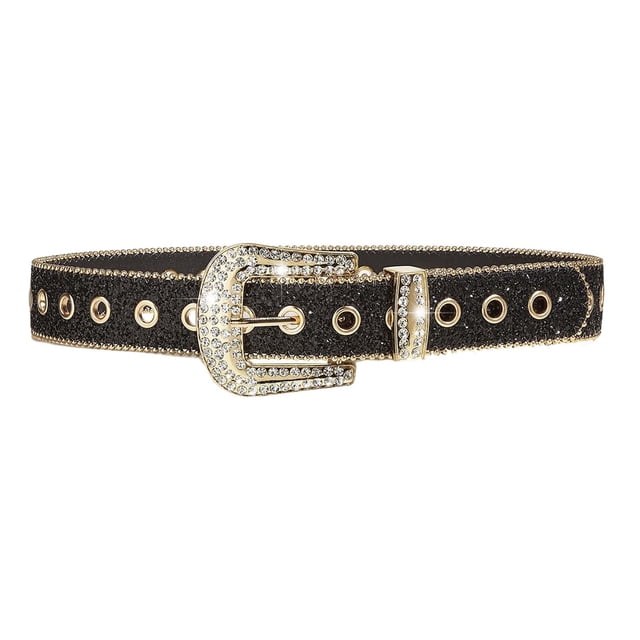 Women PU Leather Waist Belt Rhinestone Decoration Stylish Eyelet Belt Pin