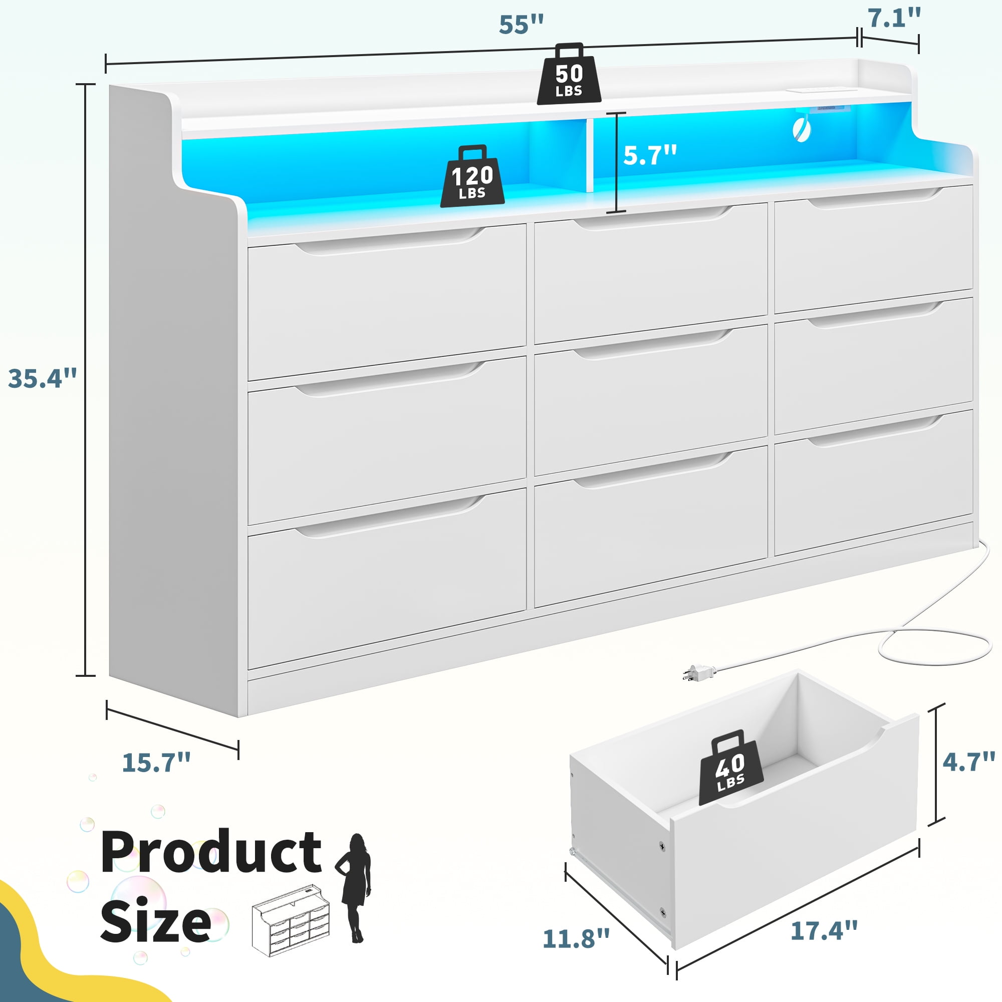 EnHomee 9 Drawer Dressers for Bedroom with LED Light,Wood Chests of Drawers with Charging Station, White