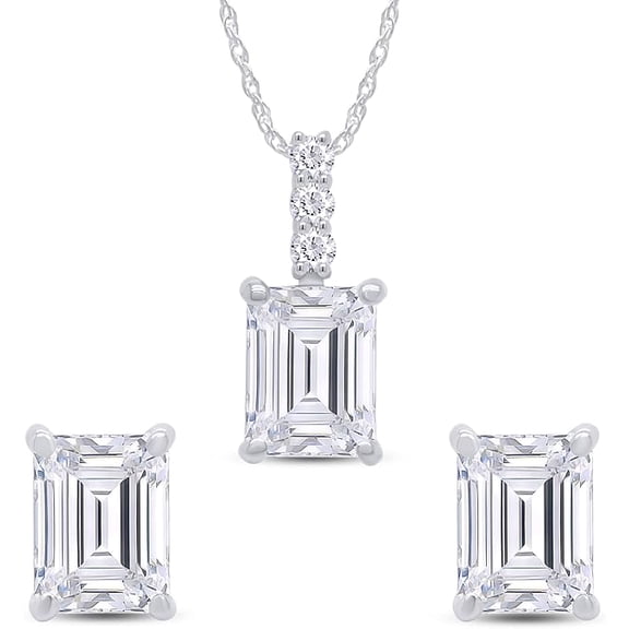 925 Sterling Silver 14K White Gold Finish Emerald Cut White Diamond Solitaire Pendant & Stud Earrings Jewelry Set for Women