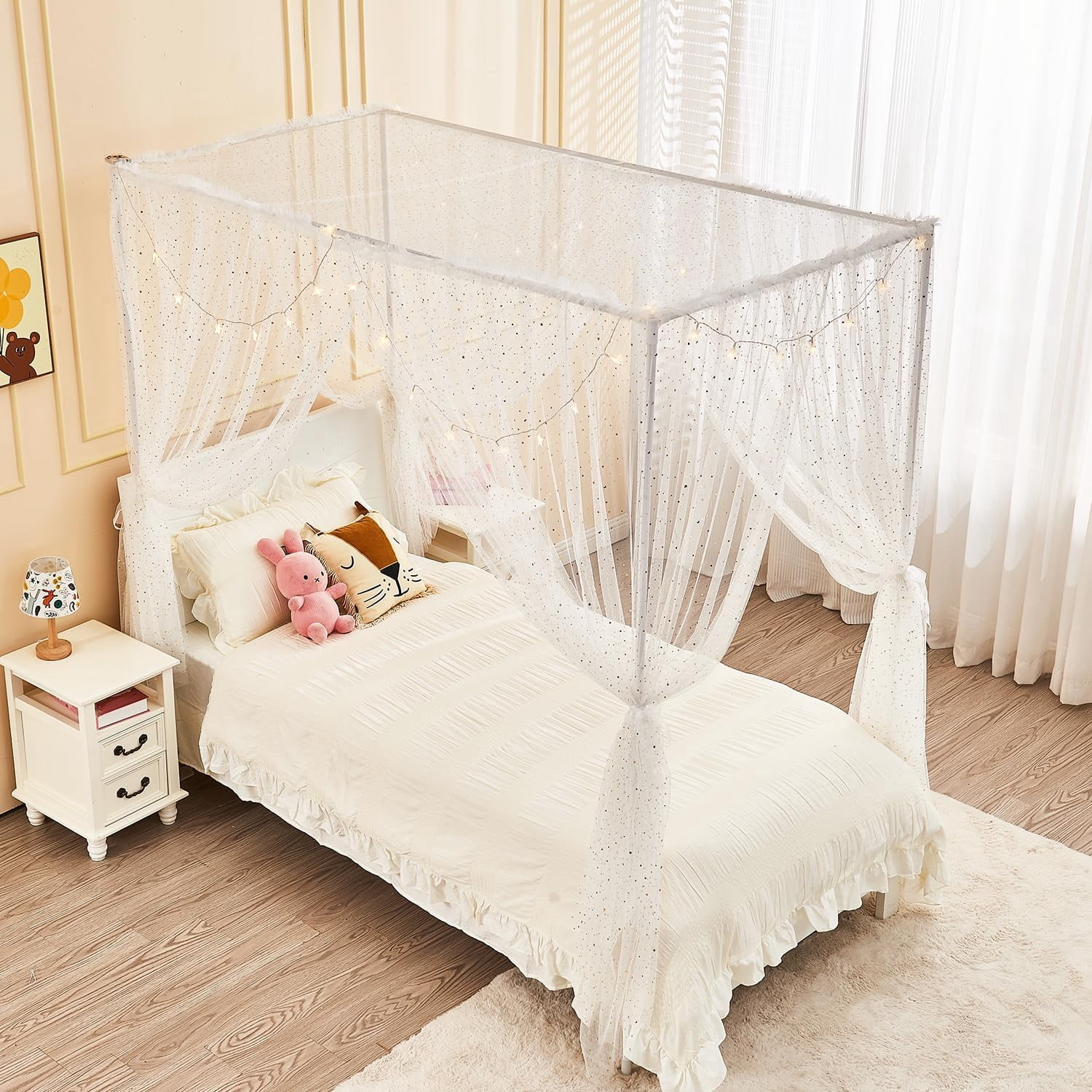 White Shiny Bed Canopy with Lights for Girls Kids, 4 Corner Post Moon Stars Sequin Princess Canopy Bed Curtains for Bedroom Decor (Twin, White)