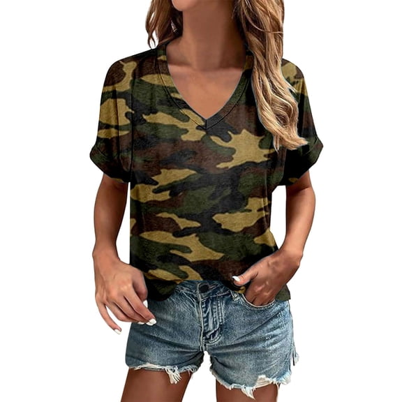 DHFJKG Women's Camo T Shirt Casual Short Sleeve V Neck Loose Fit Graphic Tee Summer Casual Daily Wear Trendy Tops