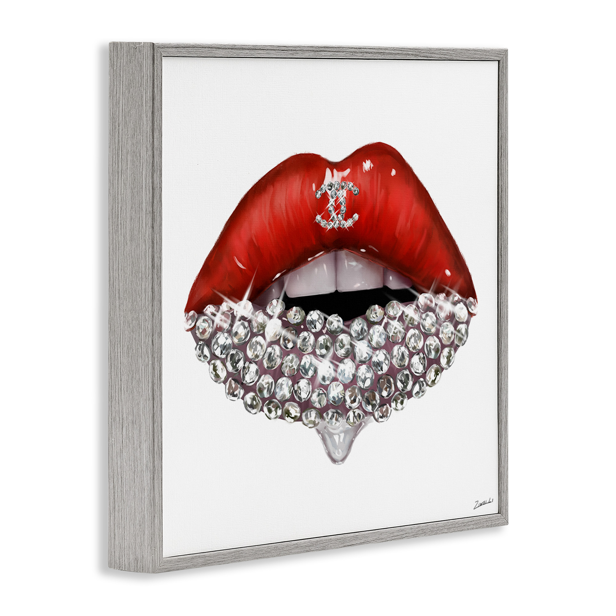 Stupell Industries Chic Red Lip Gemstones Beauty & Fashion Painting Gray Framed Art Print Wall Art, 24 x 24