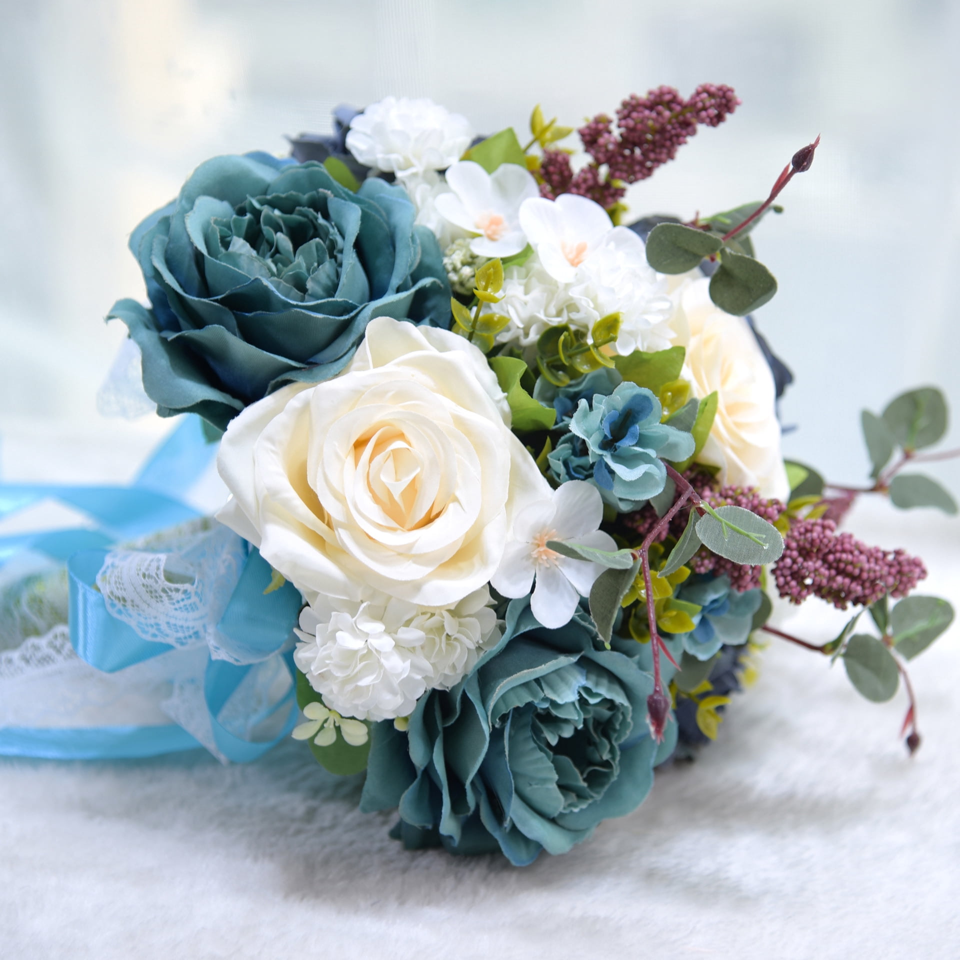 Zhuge Artificial Flowers Wedding Bouquets for Bridesmaid Bridal Bouquet for Wedding Ceremony Anniversary, Rustic Wedding Bouquet(Blue)