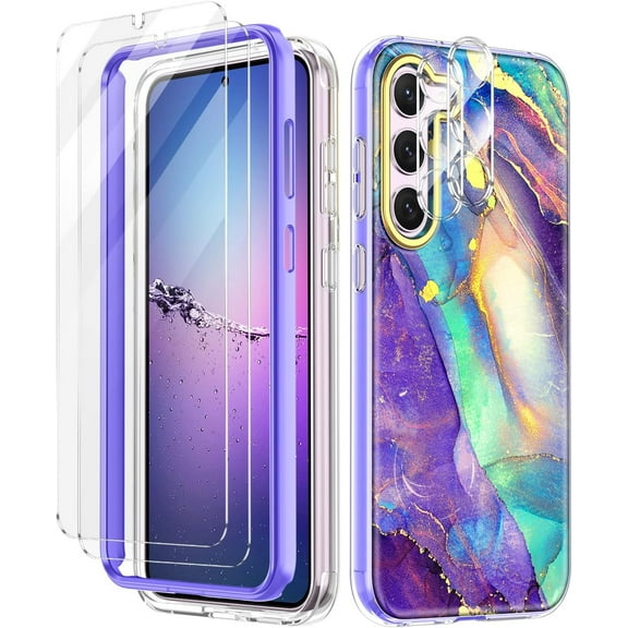 Casetego for Samsung Galaxy S23 Plus Case,Marble Pattern Slim with 2 Tempered Glass Screen Protector   2 Camera Lens Protector Shockproof Protective Cover for Women Girls,Purple