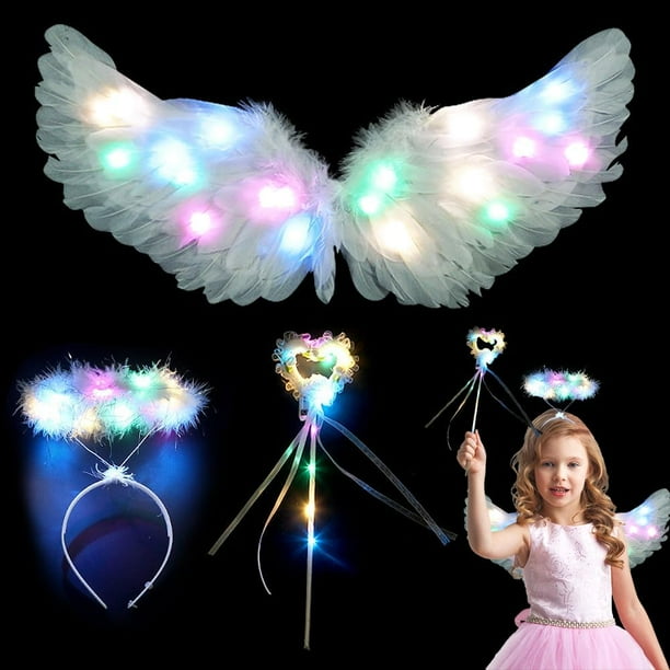 Alas de ángel luminosas, disfraz de ángel luminoso para niños con alas de ángel blancas, alas de plumas, diadema de ángel con halo, varita mágica, disfraz de ángel LED, alas de ángel para mujer p