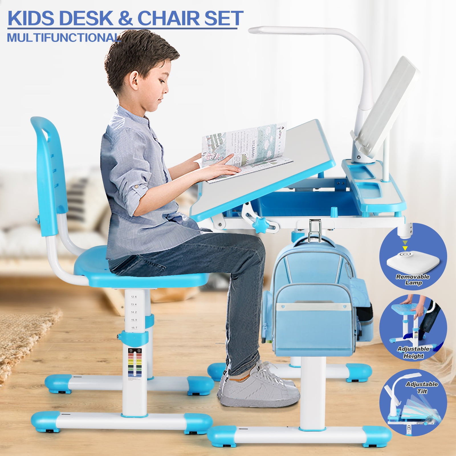 PUTEARDAT Toddler Desk and Chair Set - Height Adjustable Study Desk Ages  8-12, 23inch School Desk w/Drawer Storage&Book Stand Art Desk for Kids  (Blue)