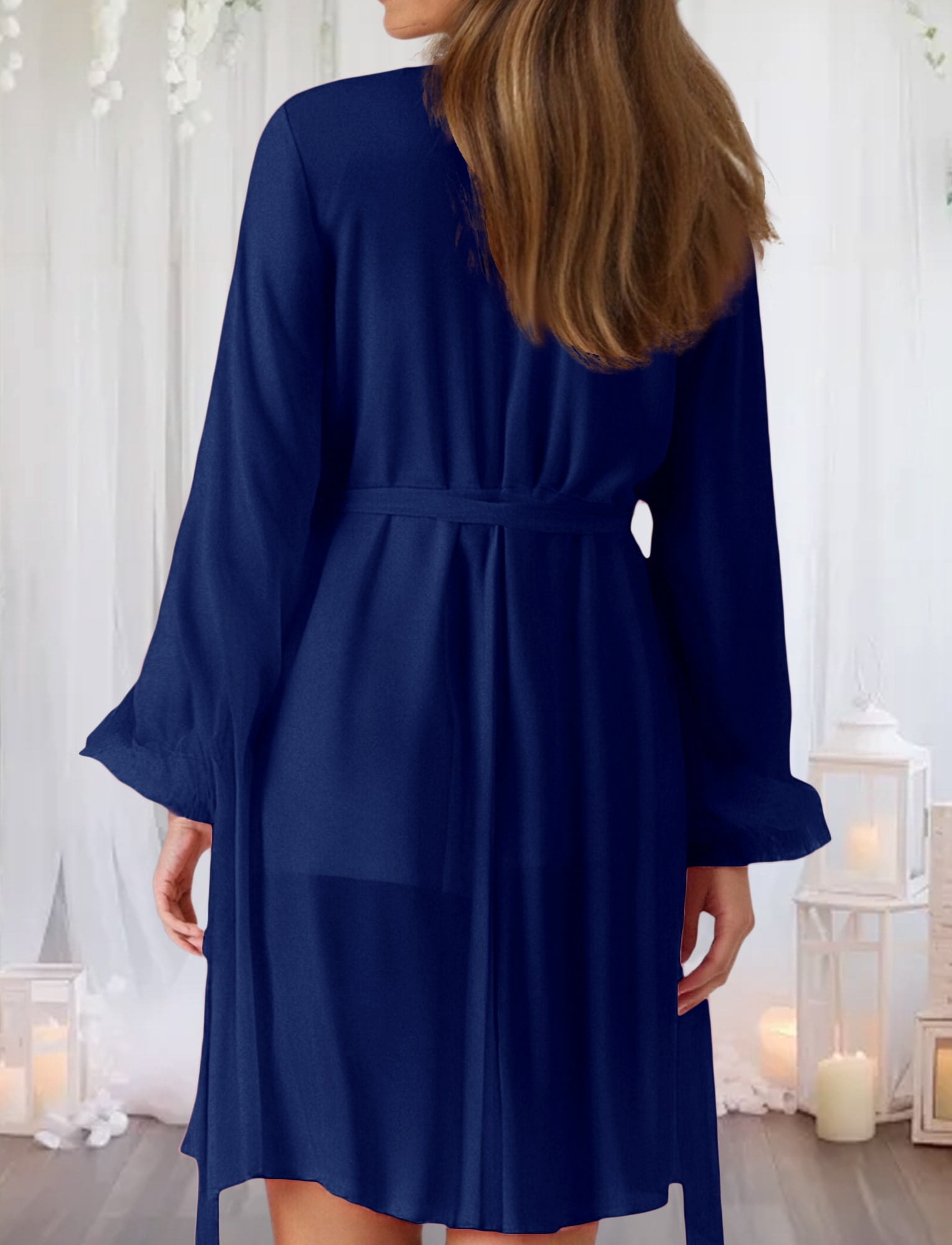 Aivtalk Lingerie Sets for Women Sexy 2 Piece Lace Mesh Kimono Robe Cami Nightgown Long Sleeve Robe Sheer Ruffled Babydoll Strap Chemise Sleepwear Pajamas Sets Blue S