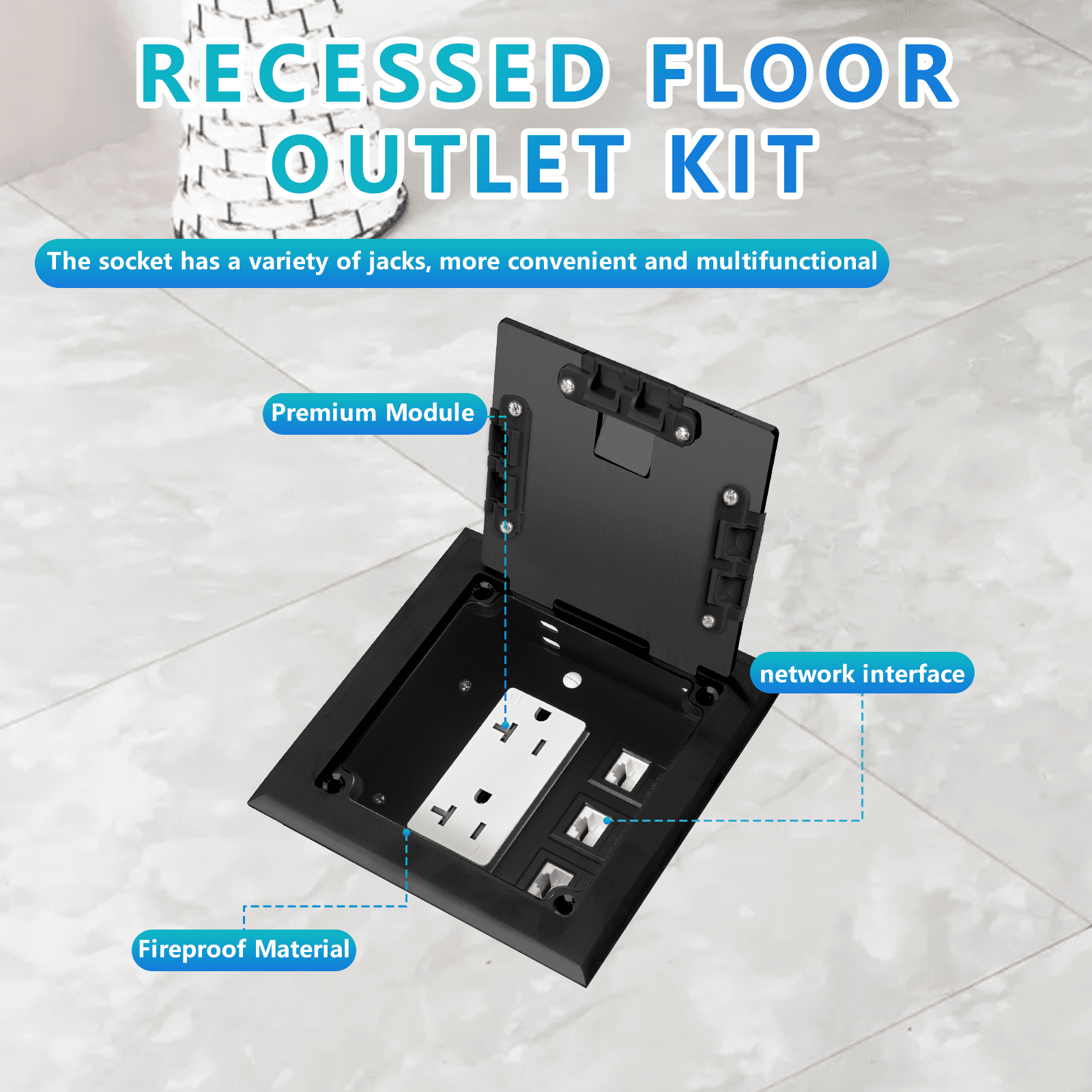 KYHSHJ Recessed Flat Hidden Socket Kit with 20 Amp Stainless Steel TR Receptacle Outlet Stainless+3-Port RJ45 Datacom Receptacle.Internal Height Adjustable，Corrosive Resistant Hardware，Black