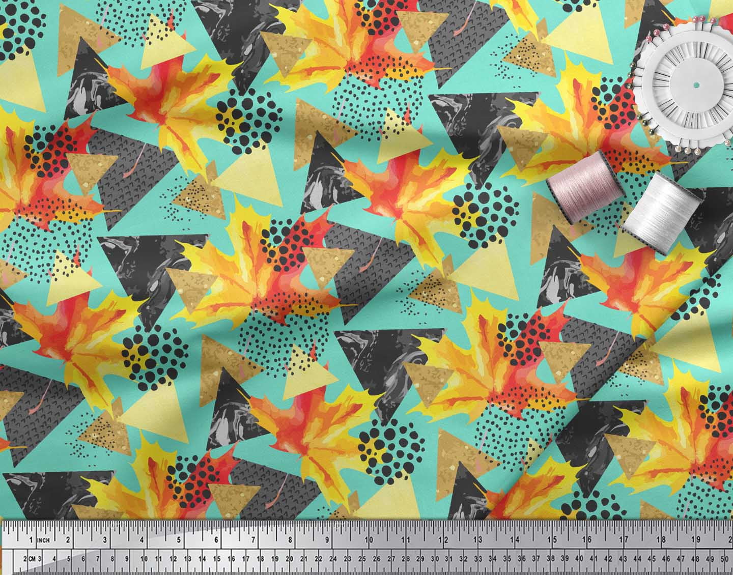 Soimoi Green Silk Fabric Triangle,Autumn Leaves & Brush Stroke Abstract Print Fabric by the Yard 42 Inch Wide